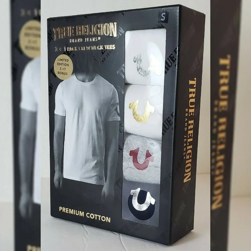 TRUE RELIGION LOUNGEWEAR 3 + 1 PACK CREW NECK TEES MEN SZ M METALLIC LOGO W/G/B - Picture 6 of 8
